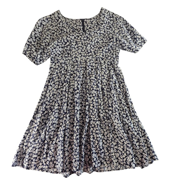 Vintage 90s Daisy Floral Mini Babydoll Dress Navy Size 9 Cottagecore Grunge